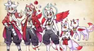 Traditional Japanese-inspired male kitsune with elemental symbols.